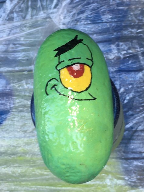 #plankton #spongebob #paintedrocks #rockart Patricks Rock Spongebob, Spongebob And Patrick Rock Painting, Patrick Rock Painting, Cartoon Painted Rocks, Spongebob Rock Painting, Plankton Rock Painting, Patrick Painted Rock, Plankton Painting, Splattered Plankton Painting