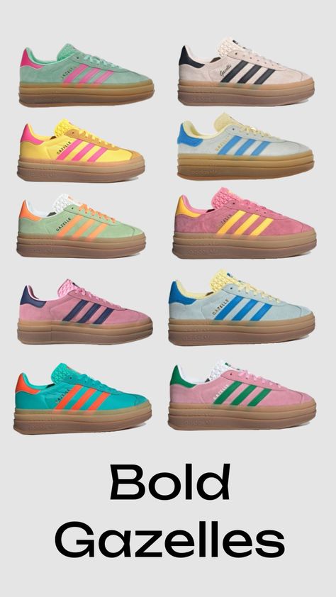 Different Colour Gazelles Colourful Sneakers, Christina Lorre, Samba Adidas, Shoe Guide, Pretty Sneakers, Colorful Sneakers, Pretty Shoes Sneakers, Popular Shoes, Cute Sneakers