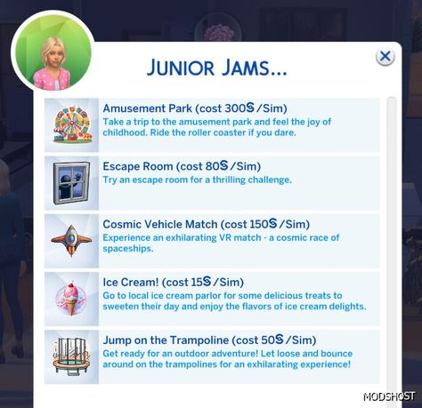 Download Junior Jams – Children Activities and Interactions for Sims 4 at ModsHost NOW! ‘Junior Jams’ is a mod containing child interactions. I’ve always felt that Sim children could do more and have more child-like conversations. My mod introduces new activities that can be found on the phone > Travel. Now Sim children can: Go to the amusement park for an almost full-day trip Ponder over an escape room ... #game #sims4cc #gaming #mods #sims Sims 4 Activities Mod, Sims 4 More Interactions Mod, Sims 4 Activities, Sims 4 Family Mods, Sims 4 Activities Cc, Sims 4 Teen Mods, Sims 4 Black Hair, Sims 4 Family, Sims Houses