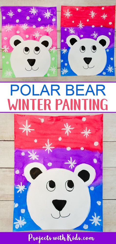 Kids will have fun making this cute and colorful polar bear winter painting using a mixed media approach. Step by step easy tutorial included. #projectswithkids #winterart #paintingideas Winter Painting For Kids, Polar Bear Craft, January Art, Winter Art Lesson, Bear Painting, Polar Bear Art, Winter Art Projects, Polar Animals, Bear Paintings