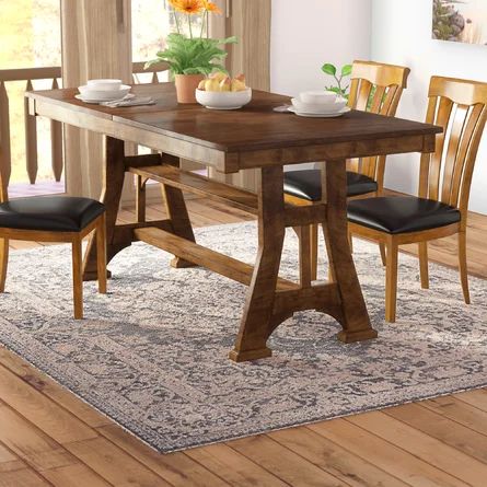 Loon Peak® Hayashi Counter Height Extendable Mango Trestle Dining Table | Wayfair Kitchen Table With Leaf, Counter Height Kitchen Table, Farmhouse Inspired Decor, Trestle Dining Table, Kitchen Technology, Drop Leaf Dining Table, Counter Height Dining Table, Trestle Dining Tables, Farmhouse Dining Table