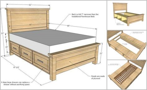 Farmhouse Bed plans for a small space! Space up the room usage and get room organized and tidy,with this farmhouse bed is exactly one of the best solution Diy Storage Building, Diy Storage Drawers, Diy Storage Bed, Farmhouse Bed, Bed Frame With Drawers, Woodwork Projects, Woodworking Bed, Space Space, Diy Bed Frame