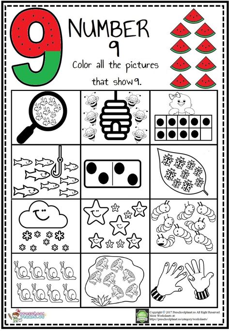 We prepared this worksheet to teach kids to recognise the connection between object and numbers. Sometimes kids will gets hard to make connection between objects and numbers. This worksheet will help to solve this problem. They will practice number nine by lots of ways and learning will be more easier. This number nine worksheet is in pdf format and downloadable. You can freely print it to your kids or students. Number Nine Activities For Preschool, Number Printables Free Preschool 1-10, Number Practice 1-10, Number Recognition 1-10 Free Printables, Teaching Numbers 11-20, Number Worksheets Kindergarten, Preschool Number Worksheets, Number 9, Math Centers Kindergarten