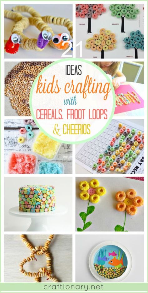 Kids crafting ideas using cereals, froot loops and cheerios that involve interactive learning with fun Kids Crafting Ideas, Kids Cereal, Fine Motor Skills Activities, Kids Crafting, Fruit Loops, Popsicle Stick Crafts, Crafty Kids, Toddler Fun, Fine Motor Activities