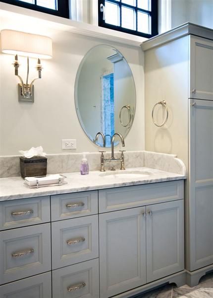 Marble blacksplash, sconce, gray cabinets, and windows Curved Backsplash, Master Bath Vanity Lighting, Gray Cabinet Color, Guest Bathroom Remodel, Master Bath Vanity, Turquoise Decor, House Of Turquoise, Element Design, Kiawah Island