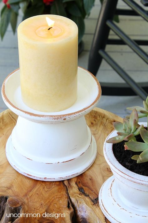 Create these amazing and beautiful outdoor terra cotta candle holders in 3 simple steps with pots! #outdoorliving #patiopaint #decoart via www.uncommondesignsonline.com Terra Cotta Candle Holder, Terra Cotta Pot Crafts, Painted Patio, Clay Flower Pots, Terra Cotta Pots, Terra Cotta Pot, Flower Pot Crafts, Tanah Liat, Diy Candle Holders