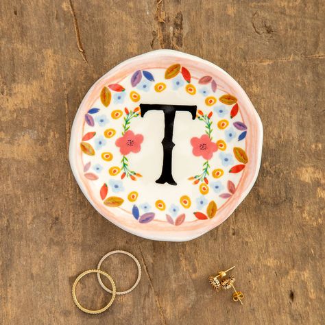 Natural Life Initial Trinket Dish, T - Trays & Boxes - Hallmark Pottery Painting Inspo Jewelry Dish, Air Dry Clay Trinket Dishes, Initial Mugs, Decor Books, Bf Gifts, Tray Ideas, Mini Calendars, Gift Inspo, Ceramic Tray