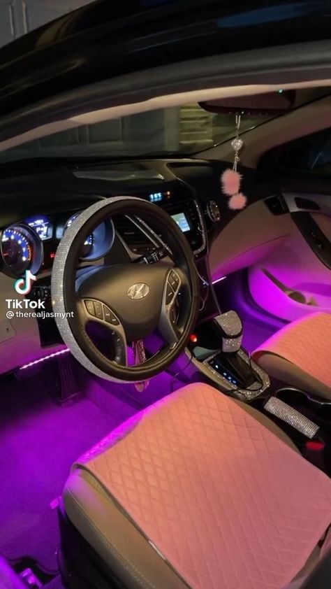 Glam Car Interior, Inside Of Cars Ideas, Boujee Car Interior, Interior Car Design Ideas, Black Car With Pink Interior, Baddie Car Interior Decor, Car Interior Decor Aesthetic Baddie, Sparkly Car Interior, Pink And Black Car Interior