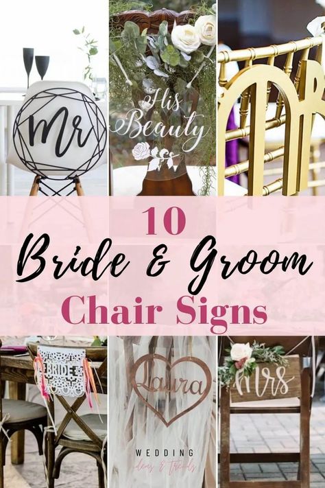 Top 10 bride and groom chair signs for the best wedding ever with different designs for you to choose from, you can make sure your sweetheart table is standing out. From wooden rustic Mr. and Mrs. chair signs, vintage style and modern geometric style, beach wedding chair decorations, elegant acrylic, and more beautiful designs for every wedding theme and season. Mr And Mrs Sign For Wedding Table, Bride And Groom Side Sign, Mr And Mrs Chair Signs, Bride And Groom Signs For Chairs, Rustic Mr And Mrs Table Sign, Sweetheart Table Chairs, Outdoor Wedding Signs, Wedding Bar Menu Sign, Floral Wedding Sign