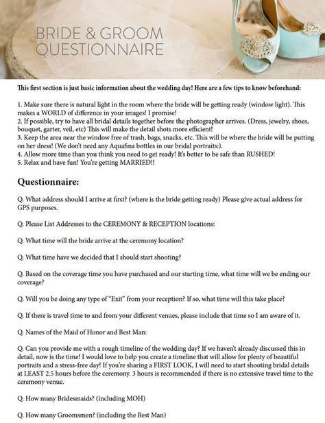 Freebie - Bride and Groom Questionnaire. Free PDF Download for Wedding Photographers from Katelyn James Photography. Photography Paperwork, Wedding Photographer Questions, Business Paperwork, Photography Questionnaire, Photography Forms, Photography Freebies, Wedding Questionnaire, Wedding Photography List, Photography Contract