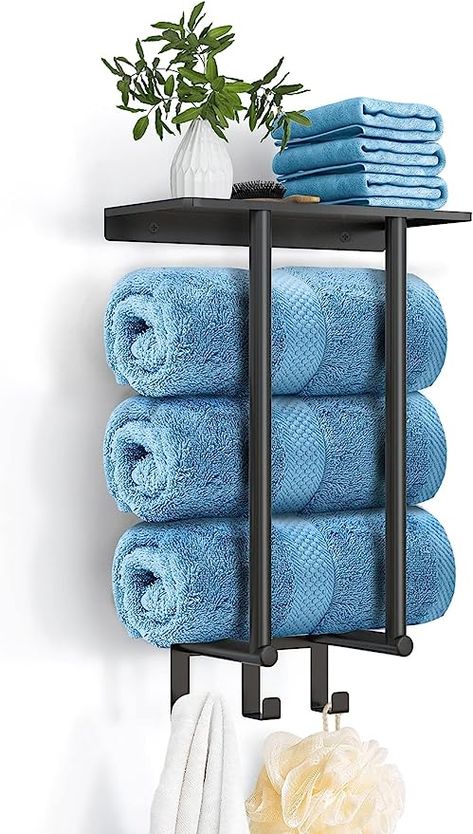 Amazon.com: Towel Racks for Bathroom, BETHOM Towel Rack with Metal Shelf and 3 Hooks for Small Bathroom, Towel Storage Wall Can Holds Up to 3 Large Size(63x40 inch) of Rolled Towels, Black : Home & Kitchen Small Bathroom Towel, Rolled Towels, Bathroom Hand Towel Holder, Towel Rack Pool, Wall Towel Racks, Mounted Towel Rack, Free Standing Towel Rack, Spare Bathroom, Bathroom Towel Storage