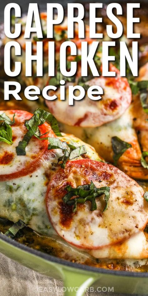 Simple Caprese Chicken Recipe Chicken Cutlet Caprese, Capri Chicken Recipe, Baked Chicken Pesto Mozzarella, Keto Caprese Chicken, Caprice Chicken Recipe, Chicken Caprice Recipe, Capris Chicken, Baked Chicken Caprese Oven, Caprese Stuffed Chicken Breast