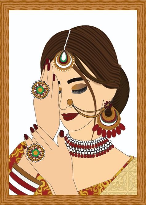 Indian Bride Illustration Art, Indian Bride Painting, Mehndi Logo, Indian Bride Drawing, Indian Bride Illustration, Bride Sketch, Bride Illustration, Wedding Illustration Card, Rajasthani Bride