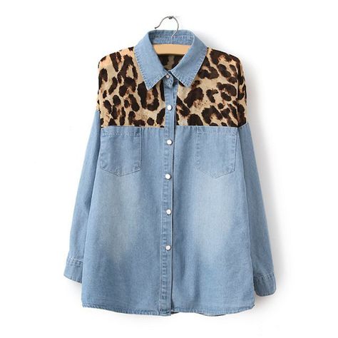 Casual Turn-Down Leopard Pattern Splicing Single-Breasted Long Sleeves Denim Shirt For WomenBlouses | RoseGal.com Denim Blouse Women, Printed Denim Shirt, Bohemian Jackets, Long Sleeve Denim Shirt, Grey Leopard Print, Bleached Denim, Blouse Jeans, Denim Blouse, Cape Coat