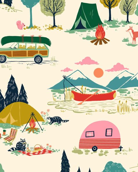 Dear Stella Fabrics collection “Gone Camping” Summer Camp Graphics, Camping Illustration Art, Camping Aesthetic Wallpaper, Camp Illustration, Summer Camp Vibes, Camping Pattern, Camping Illustration, Camping Graphic, Camping Wallpaper