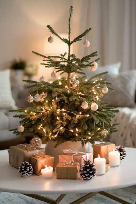 15 Inspiring Coffee Table Christmas Decor Ideas - Lil Dutch Uncle Mini Christmas Tree On Table, Small Real Christmas Tree, Small Christmas Tree On Table, Decorate Mini Christmas Tree, Table Christmas Tree Ideas, Small Tree Christmas Decor, Christmas Decorations Without A Tree, Small Christmas Tree Decor Ideas, Small Christmas Tree Ideas Decoration