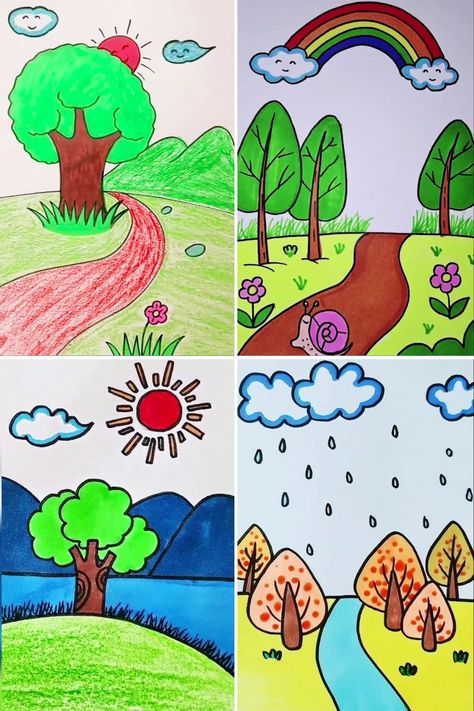 Simple Drawing & Painting Tutorial for Kids & Beginners | Easy Drawing & Painting for Beginners on Paper | By Kidpid Draw Tree Easy, Drawing For Beginners Kids, Drawing For Nursery Kids, Drawing Basics For Beginners, Easy Drawing For Class 3rd, Basic Drawing For Beginners, Four Seasons Drawing For Kids, Monsoon Season Drawing For Kids, Forest Scenery Drawing For Kids