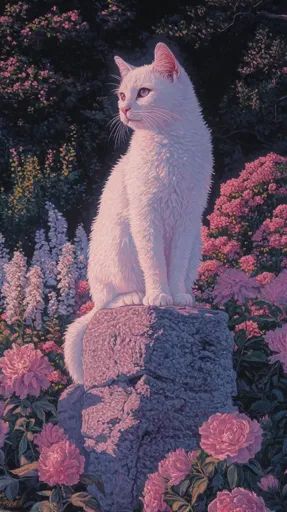 ↑↑↑ Larger size on website 🔸 A white cat with piercing blue eyes sits atop a large, weathered stone. The cat's fur is soft and fl Cute Cats With Flowers, White Cat Wallpaper, Cat With Piercing, White Cat Painting, Cats With Flowers, Albino Cat, Fluffy White Cat, Piercing Blue Eyes, Cats And Flowers