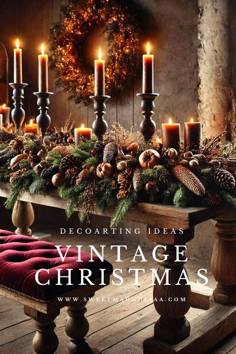 Unlock the secrets to a perfect Vintage Christmas with our detailed guide. Learn how to blend antique charms with modern flair to fill your home with warmth and nostalgia this holiday season.  #vintagedecor #decoratingtips #christmasdecor #homedecor Old House Christmas Decor, Moody Vintage Christmas Decor, Vintage Christmas Outdoor Decorations, Dark And Moody Christmas Decor, Vintage Xmas Decor, Antique Christmas Decor Ideas, Dark Vintage Christmas, Dark Academia Christmas Aesthetic, Yule Christmas Decorations