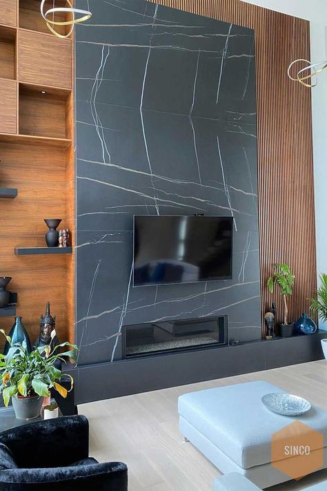 Porcelain slabs around fireplace Wall Marble Cladding, Black Marble Wall Fireplace, Granite Wall Cladding Interiors, Modern Marble Fireplace Tall, Porcelain Fireplace, Porcelain Slab Fireplace, Fireplace Cladding, Bathroom Curtains Ideas, Carbon Slate Marble Wall