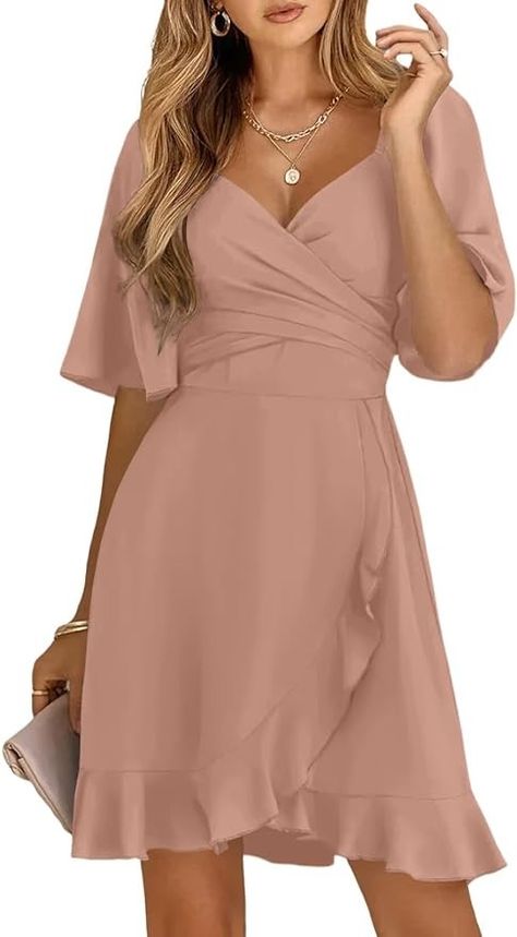 Dokotoo Women's Wrap V Neck Short Flared Sleeve Smocked Elastic Waist Tiered Belted Ruffle Hem Party Short Dress Wedding Dress Summer Dress Pink XXL at Amazon Women’s Clothing store Sleeve Wedding Guest Dress, Flare Sleeve Dress, Mini Dresses For Women, Party Dress Short, Guest Dress, Women Wedding Guest Dresses, Flowy Dress, Smock Dress, Tiered Dress