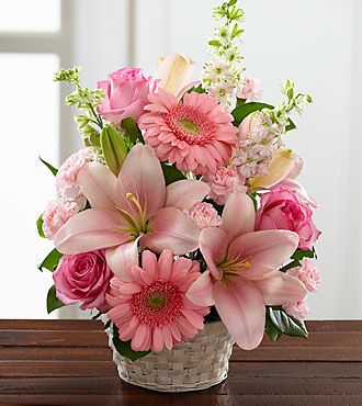 The FTD Whispering Love Arrangement Birthday Flowers Arrangements, Lila Party, Basket Flower Arrangements, Săpunuri Handmade, White Basket, Hype Beast, Gerbera Daisies, Asiatic Lilies, Online Florist