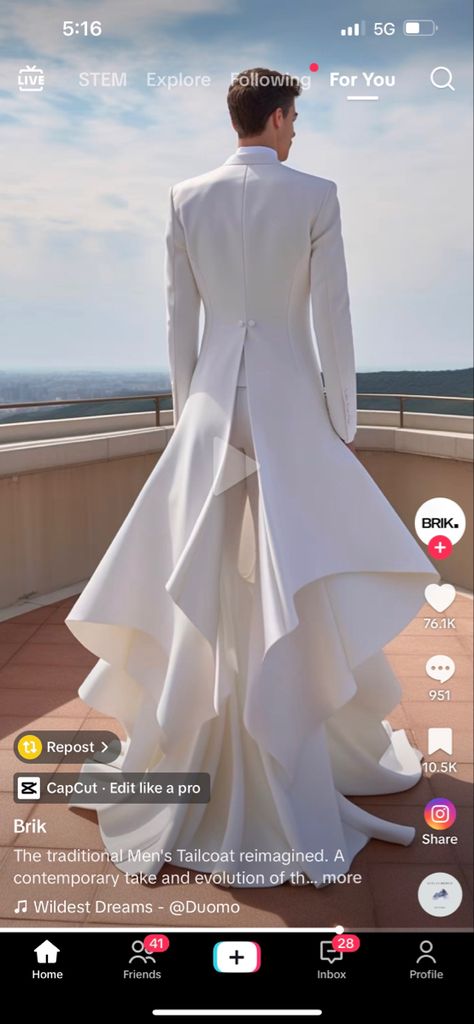 White Suit With Train, Male Wedding Dress Mens Fashion, Mens Wedding Suit With Cape, Classy Men’s Outfits, Male Bride Outfit, Wedding Suit With Cape, Men's Suits Wedding, Ethereal Aesthetic Outfits Men, Nonbinary Wedding Attire