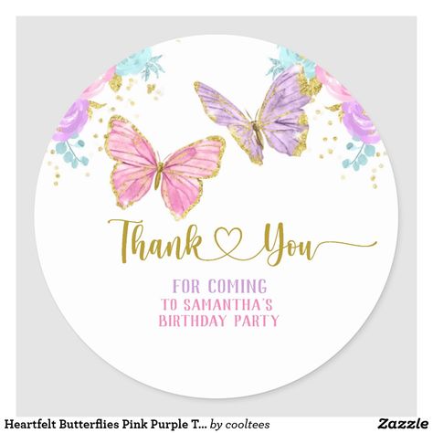 Heartfelt Butterflies Pink Purple Thank You Classic Round Sticker Create Birthday Invitations, Parties Themes, Butterfly Birthday Theme, Butterflies Pink, Butterfly Birthday Party, Birthday Party Stickers, Gifts Wrapping, Birthday Cake Topper Printable, Party Stickers