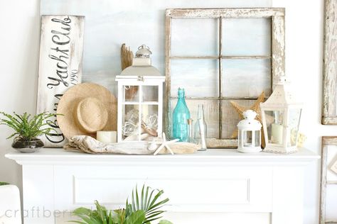 My summer mantel … Beach Mantle, Quick Wall Art, Summer Mantel, Summertime Decor, Beachy Stuff, Wall Art Tutorial, Summer Mantle Decor, Beach Theme Decor, Beach Cottage Decor