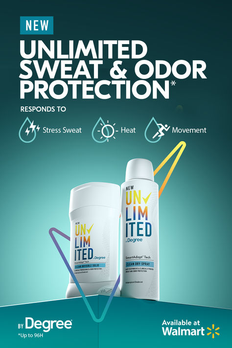 New Unlimited by Degree® Clean Dry Spray Antiperspirant Deodorant delivers unlimited up to 96H of sweat protection to keep you feeling unstoppable. Stay dry, fresh & protected with the ultimate body-responsive sweat protection. Deodorant Creative Ads, Spray Packaging, Ad Ideas, Social Media Branding Design, Bread Making, Wedding Plan, Toilet Design, Aloe Vera Juice, Social Media Design Inspiration