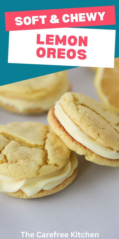 Lemon Oreos Recipes, Lemon Crunch Cookies, Lemon Oreo Cookies, Lemon Cream Cookies, Lemon Oreos, Lemon Oreo, Cream Filled Cookies, Lemon Cake Mix Cookies, Cookies Lemon