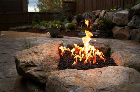 Another view of boulder fire pit by Newport Landscaping in Bend, OR. Fire Sprinklers, Fire Sprinkler System, Fire Pit Materials, Outdoor Fireplace Designs, Fire Pit Ring, Fire Pit Landscaping, Stone Fire Pit, Fire Sprinkler, Backyard Renovations