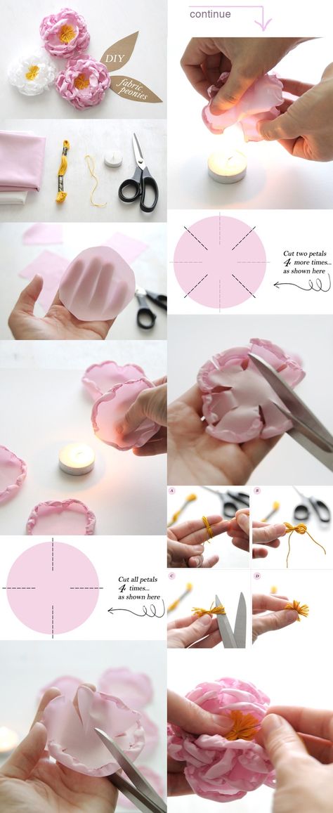 DIY Fabric Peony Flower requiring 100% polyester fabric Sulaman Pita, Diy Fleur, Ribbon Flower Tutorial, Fleurs Diy, Fabric Flower Brooch, Fabric Flower Tutorial, Handmade Flowers Fabric, Organza Flowers, Cloth Flowers