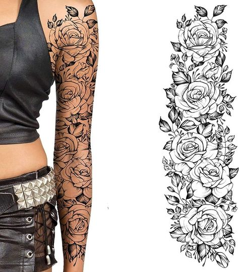 Full Arm Flower Tattoo Floral Sleeve, Voll Arm-tattoos, Temporary Tatoo, Fake Tattoo Sleeves, Rose Tattoo Sleeve, Rose Sleeve, Christian Sleeve Tattoo, Female Body Art, Arm Temporary Tattoos