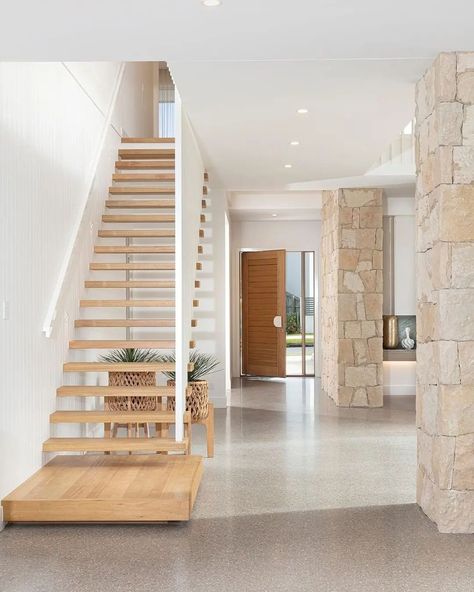 Beach House Stairs, Concrete Floors In House, Beach House Flooring, Spa Like Bathrooms, Timber Stair, Contemporary Beach House, Timber Staircase, Contemporary Coastal, Modern Exterior House Designs