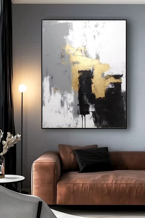 Original handmade abstract painting with gold, black, grey, and white tones featuring textured brushwork and bold contrasts Grey And White Background, Gold Wall Art, Black Wall Art, Luxury Interiors, Black White Gold, Abstract Canvas Painting, Black Wall, Bold Black, Modern Art Abstract