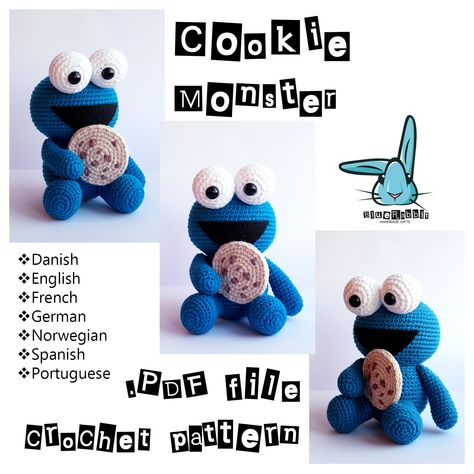 Amigurumi Cookie Monster pattern. Crochet pattern. Languages: | Etsy Cookie Monster Crochet, Crochet Steps, Monster Crochet Pattern, Monster Amigurumi, Monster Crochet, Monster Pattern, Rabbit Crafts, Amigurumi Rabbit, Blue Rabbit