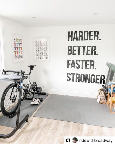 Pain Caves - Home office & Pain Cave combo 🤩 ⠀ ⠀ ⠀ ⠀... Home Cycling Room, Pain Cave Cycling, Cycling Room, Bike Room Design, Zwift Cycling, Bike Storage Home, Homemade Gym, Cave Photos, Bike Hanger