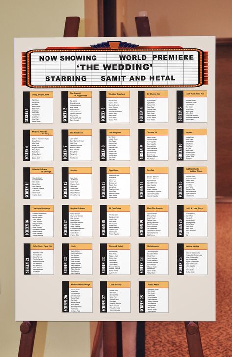 Seating Plan board for a Movie night themed Wedding reception. See more at Facebook.com/dovesandpeacocks Unique Seating Chart Wedding, Deco Cinema, Plan Board, Reception Seating Chart, Wedding Table Themes, Wedding Reception Seating, Cinema Wedding, Wedding Movies, Wedding Stationery Design