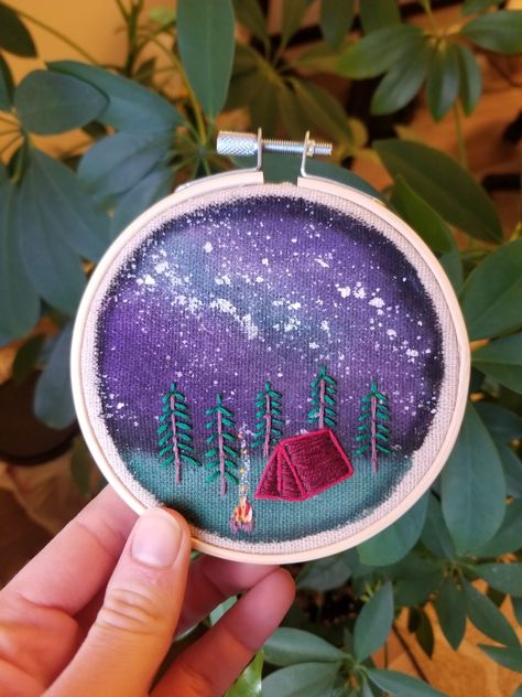 Camping Embroidery Patterns, Campfire Embroidery, Embroidery Lake Scene, Hand Embroidered Forest, Mountain Sunset Embroidery, Saint Paul Minnesota, Boring Day, Watercolor Mountains, Embroidery Craft