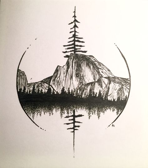 Half Dome in Yosemite art by Robin Halmhofer Tattoo Mountain, Yosemite Art, Tattoo Tree, Kunst Tattoos, Water Tattoo, Landscape Tattoo, Geniale Tattoos, E Tattoo, Mountain Tattoo