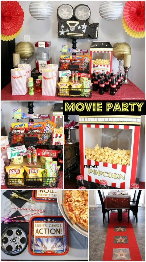 Movie Night Party - movie party concession stand ideas, movie party decorations and more! Movie Night Party Ideas, Movie Party Decorations, Night Party Ideas, Movie Night Birthday Party, Movie Birthday Party, Movie Themed Party, Birthday Party Snacks, Movie Night Snacks, Backyard Movie Nights