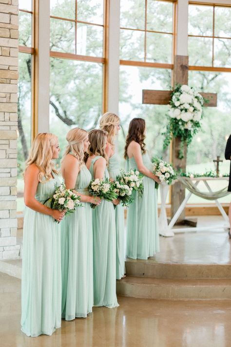 White Lights Wedding, Mint Green Wedding Theme, Light Bridesmaid Dresses, Canyonwood Ridge, Mint Green Bridesmaids, Elk Photography, Mint Bridesmaid, Mint Green Bridesmaid Dresses, Dripping Springs Texas