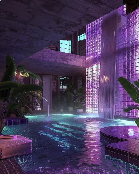 POV: Your Miami mansion pool in ‘86 💜🌴 • • • • (AI images — MJ 6) #80sinterior #1980sinterior #80saesthetic #1980s #80svibes #80snostalgia #80sdecor #80s #vintage #interiordesign #homedecor #luxuryhomes Bath Tub Design, Cyberpunk Mansion, Aesthetic Pool, Miami House, Post Modern, 80s Pool, 80s Mansion, Miami Style Decor, Miami 80s Aesthetic