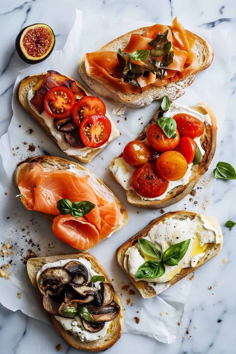 This easy bruschetta bar is perfect party food. Easy toppings with mushrooms, tomatoes, and smoked salmon. Authentic Italian Bruschetta bar. #bruschetta #snack #easyrecipe Italian Brunch Menu Ideas, Bruschetta Salmon, Salmon Bruschetta, Beach Restaurant Food, Bruschetta Aesthetic, Menu Photography, Bruschetta Ideas, Cafe Food Ideas, Authentic Italian Food