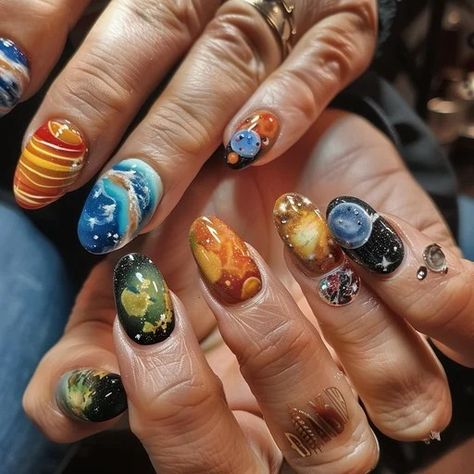 A display of striking cosmic-inspired nail art, featuring vibrant colors and intricate planet and star designs. Cosmic Nail Art, Bee Nail Designs, Bumble Bee Nails, Unique Nail Art Designs, Cosmic Nails, Autumn Manicure, Planet Nails, Bee Nails, Unique Nail Art