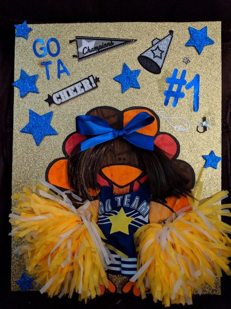 Here is our cheerleading turkey! Disguise The Turkey Cheerleader, Disguise A Turkey As A Cheerleader, Turkey Disguise Project Cheerleader, Disguise A Turkey Cheerleader, Disguise A Turkey Printable, Hidden Turkey, Popcorn Craft, Turkey Art Projects, Preschool Homework