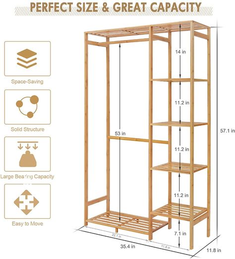 Amazon.com: Jotsport Bamboo Clothing Rack with 6 Tier Storage Shelf Multifunctional Garment Organizer Wardrobe Closet for Guest Room Kids Baby Bedroom Entryway : Everything Else Cloth Rack Bedroom, Portable Wardrobe Ideas, Wooden Clothes Rack Bedroom, Cloth Rack Design, Creative Wardrobe Ideas, Cloth Rack Ideas, Clothing Rack Design, Simple Wooden Wardrobe, Wooden Wardrobe Design Bedroom