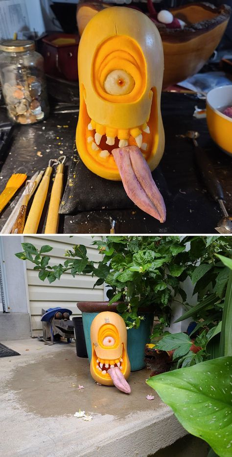 Halloween Butternut Squash Carving, Pumpkin Biting Pumpkin Carving, Squash Carving, Carved Turnip Halloween, Pumpkin Creature Art, D&d Pumpkin Carving, Pumpkin Inspiration, Halloween Pumpkin Carving, Foam Carving