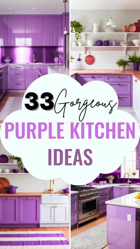 33 Stunning Purple Kitchen Ideas to Add a Royal Touch to Your Cooking Space - Style Zuri Violet Kitchen Ideas, Purple Kitchen Decor Ideas, Aubergine Kitchen Cabinets, Lavender Kitchen Cabinets, Purple Cabinets Kitchen, Purple House Interior Ideas, Purple Cupboards, Purple Kitchen Appliances, Purple Kitchen Ideas